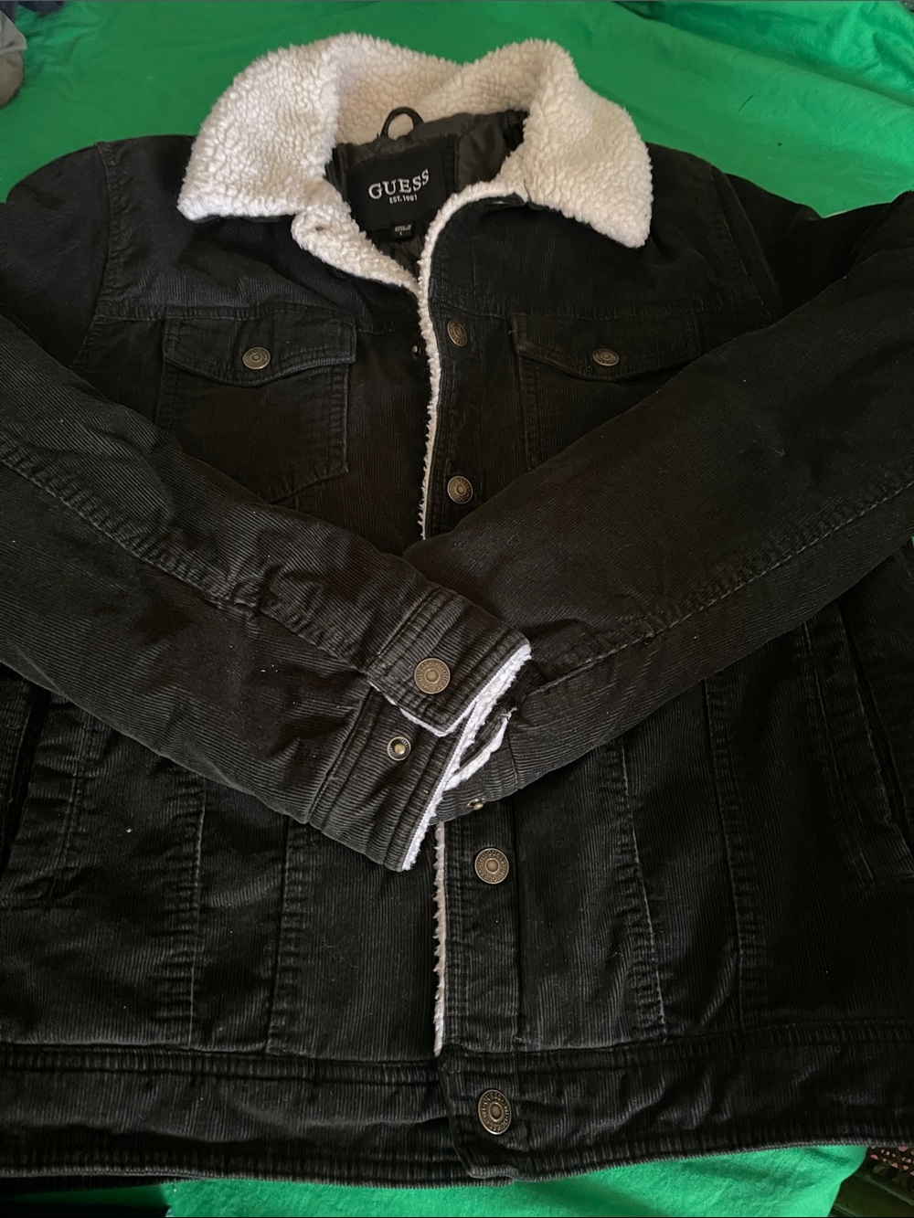 GUESS Black Corduroy Sherpa-Lined Trucker Jacket